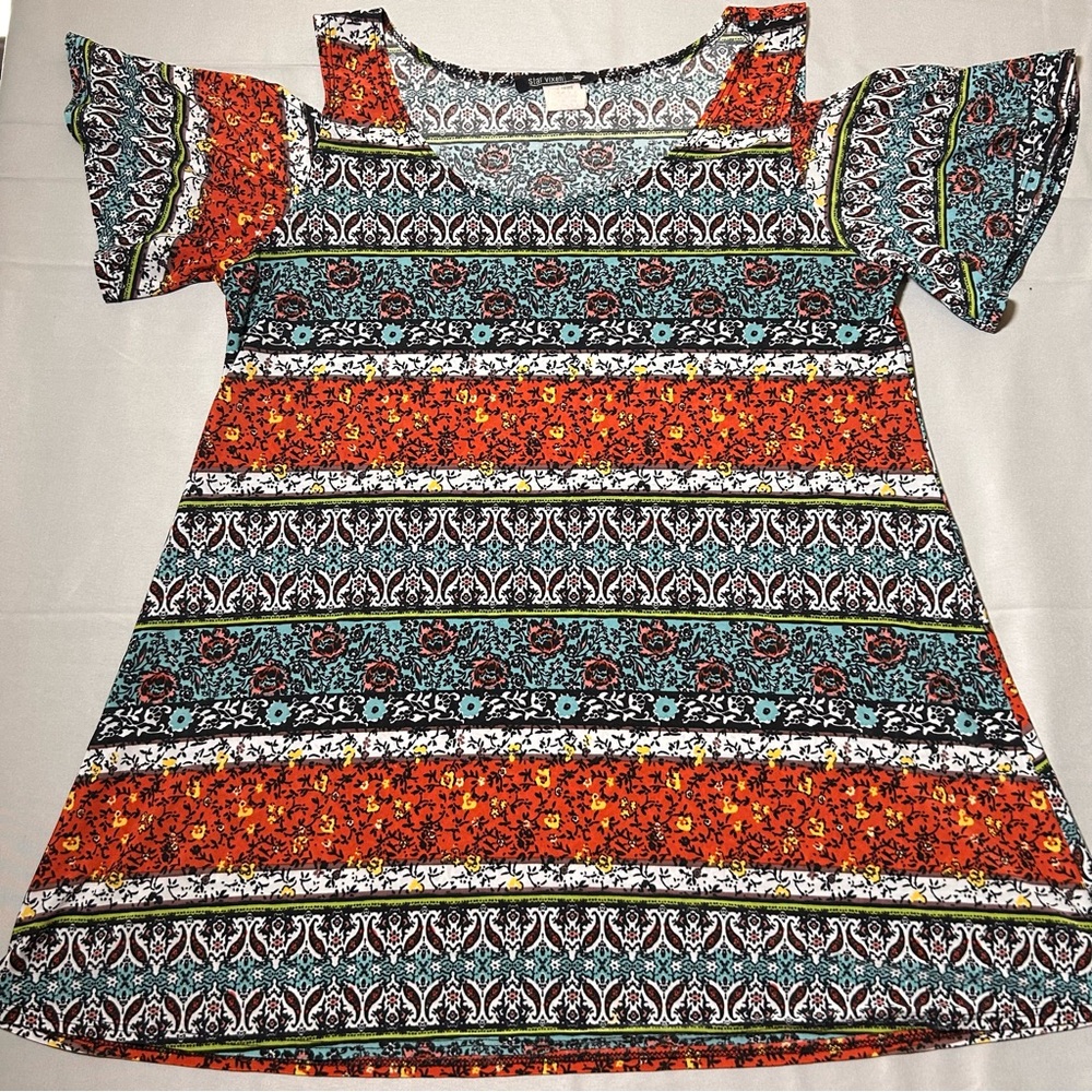 Star Vixen Boho Tunic Top Women’s Large Multicolor Floral Stripe Short Sleeve